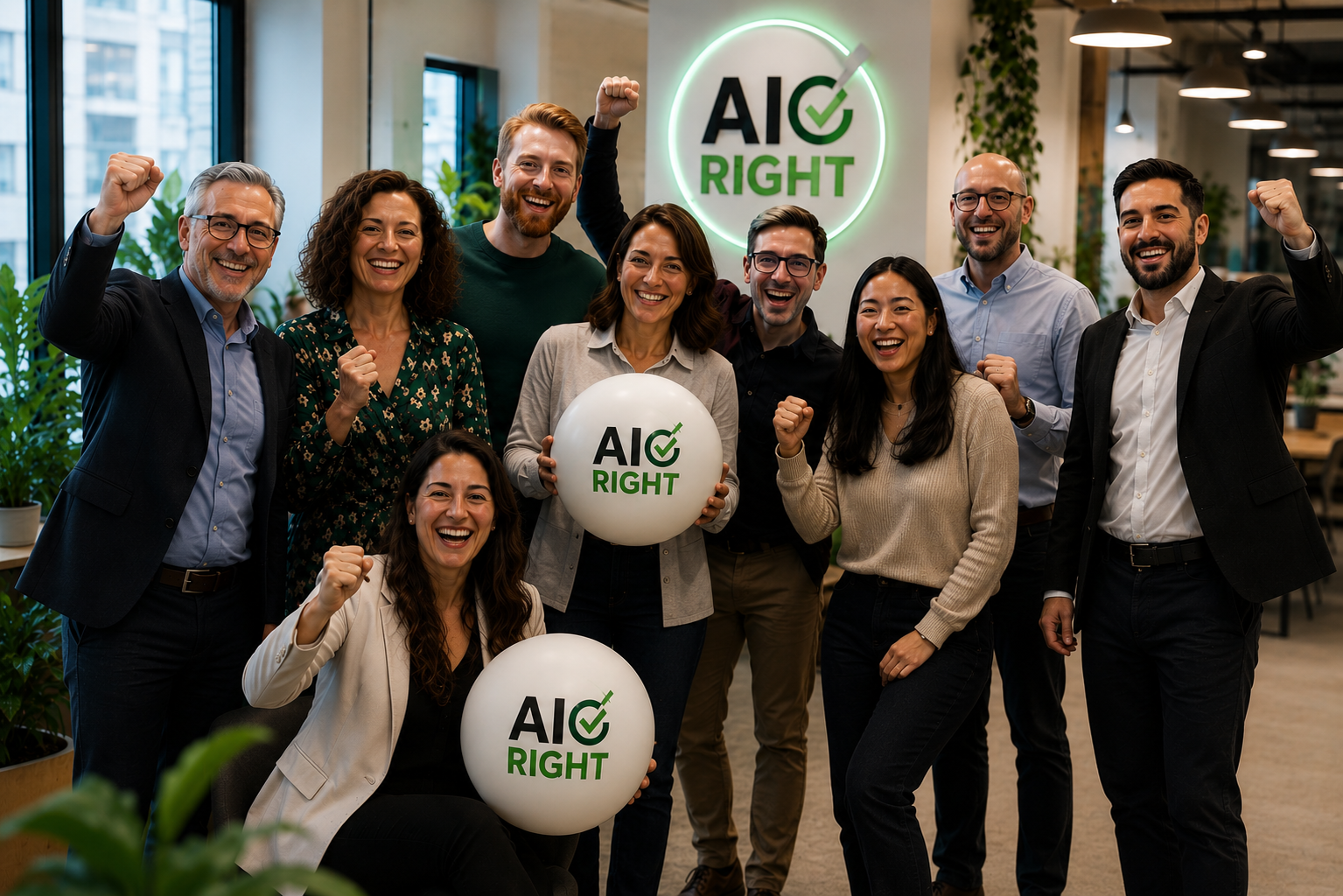 Business team celebrating with AI Right branded props in a modern office